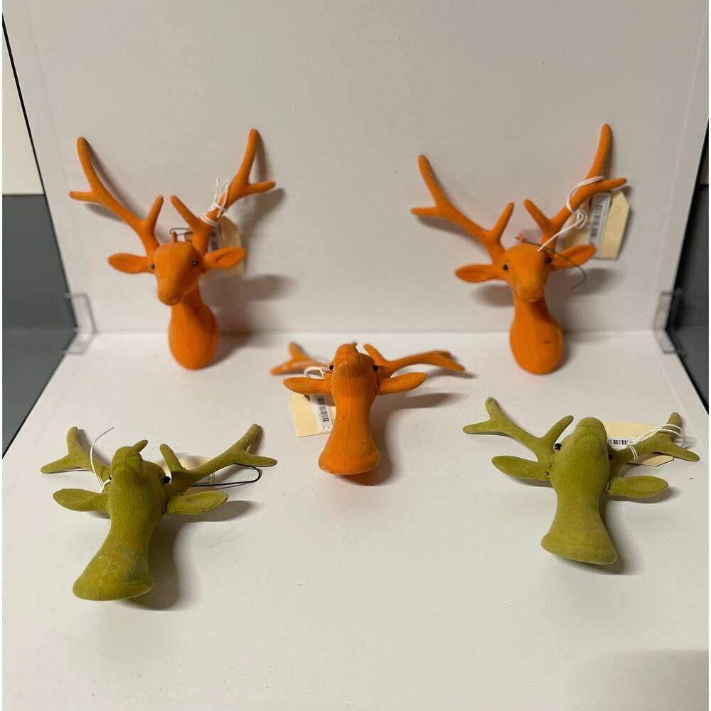 5 Orange and Green Flocked  Deer Head Christmas Ornaments/Decor. KK382 NWT